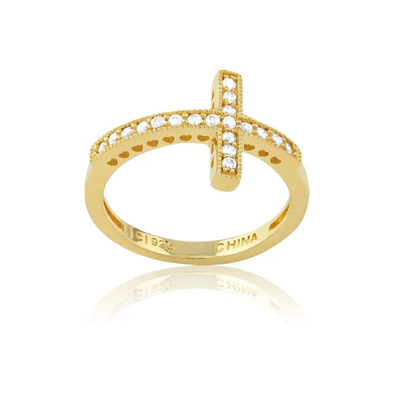 Sterling Silver CZ GP Sideways Cross Ring - W-9648