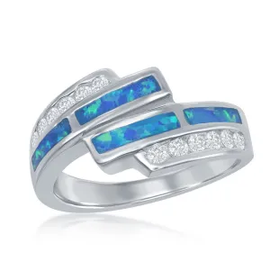 Sterling Silver CZ Overlapping Blue Inlay Opal Ring - W-9459