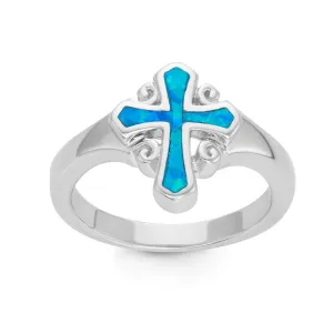 Sterling Silver Fancy Blue Inlay Opal Cross Ring - W-1360