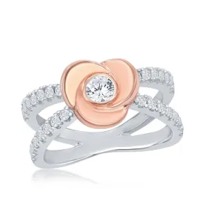 Sterling Silver Flower Micro Pave Open Band Ring - W-2034