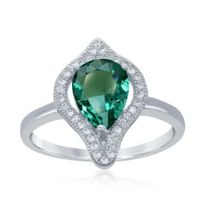 Sterling Silver Large Teardrop Emerald with CZ Ring - W-1760