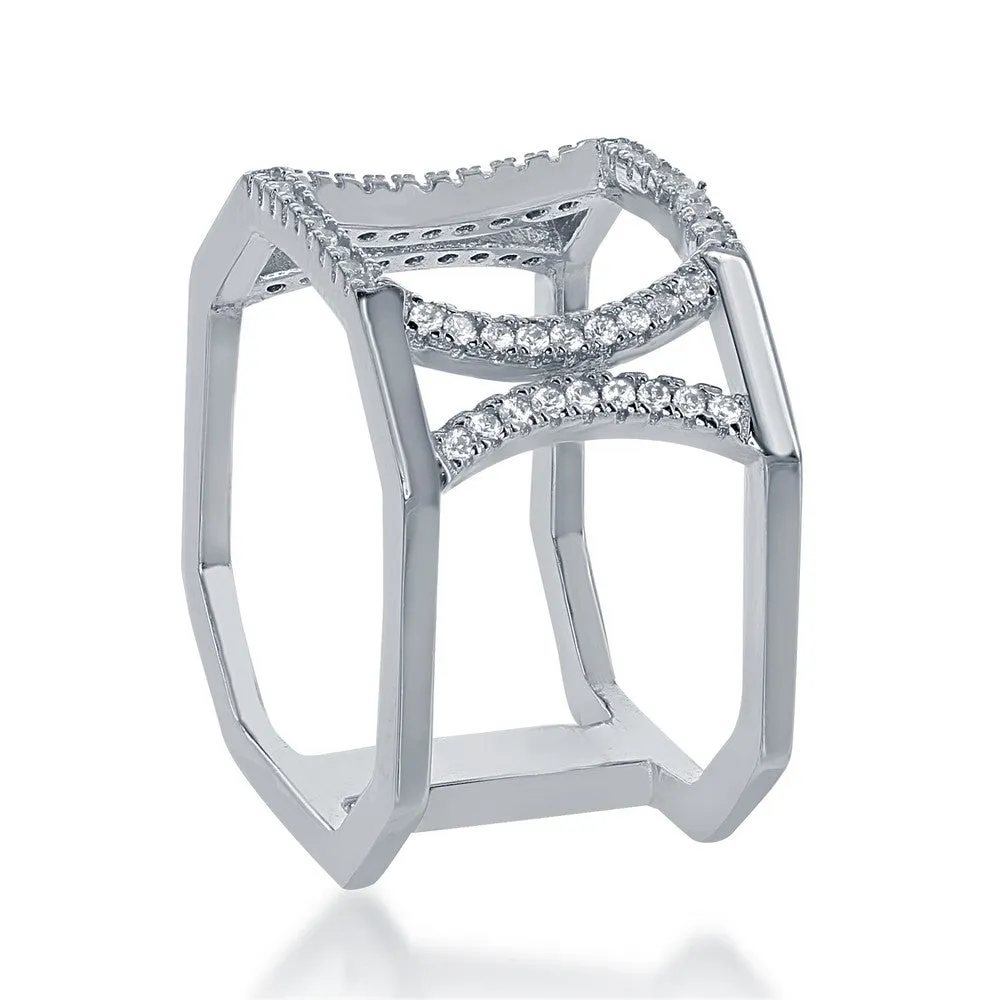 Sterling Silver Open Double CZ X Octangle Ring - W-1374