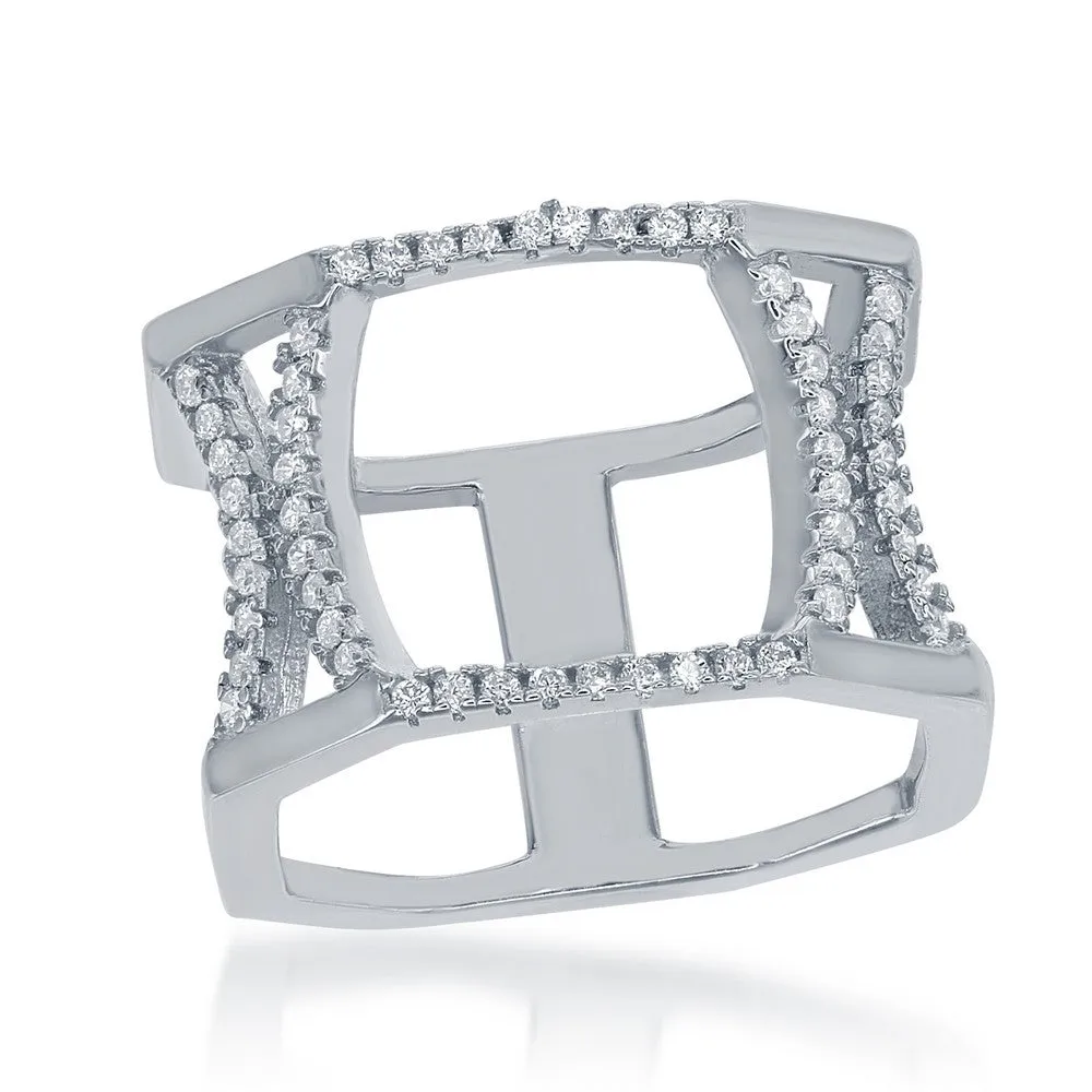 Sterling Silver Open Double CZ X Octangle Ring - W-1374