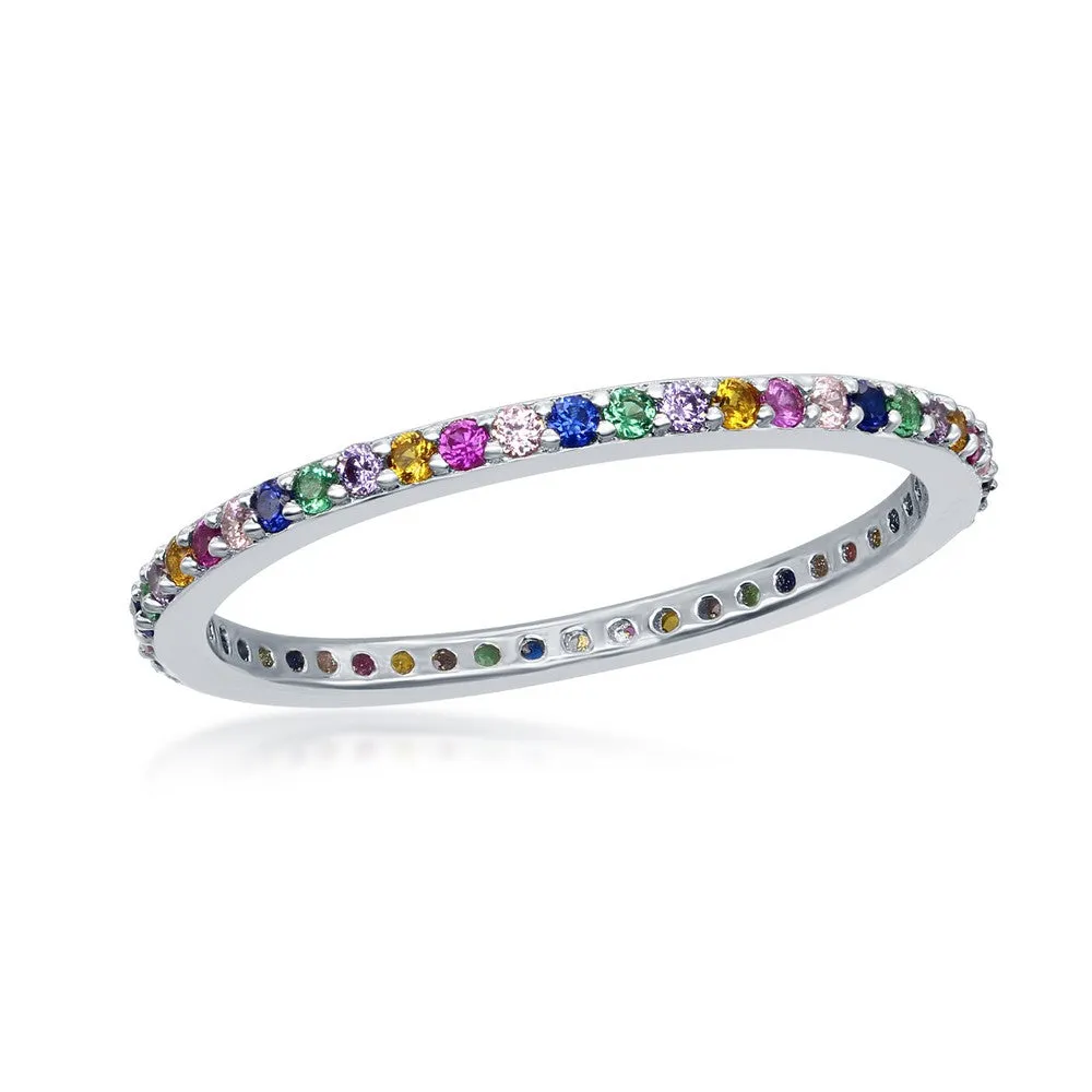 Sterling Silver Rainbow CZ Thin Band Ring - W-2133