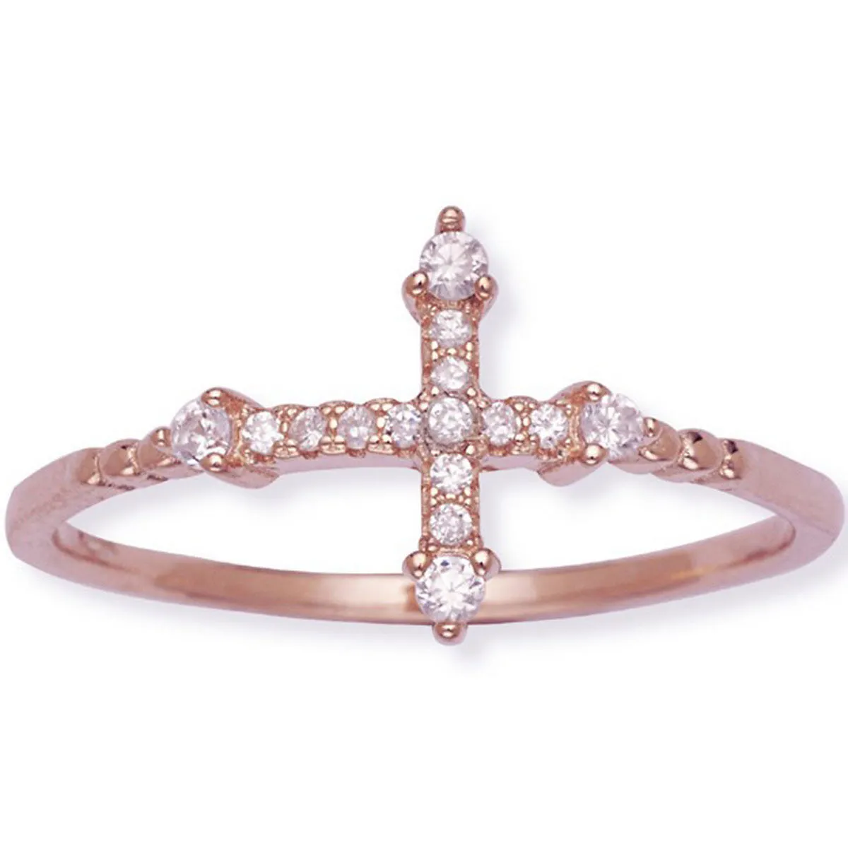 Sterling Silver Rose GP CZ Micro Pave Cross Ring - W-1293