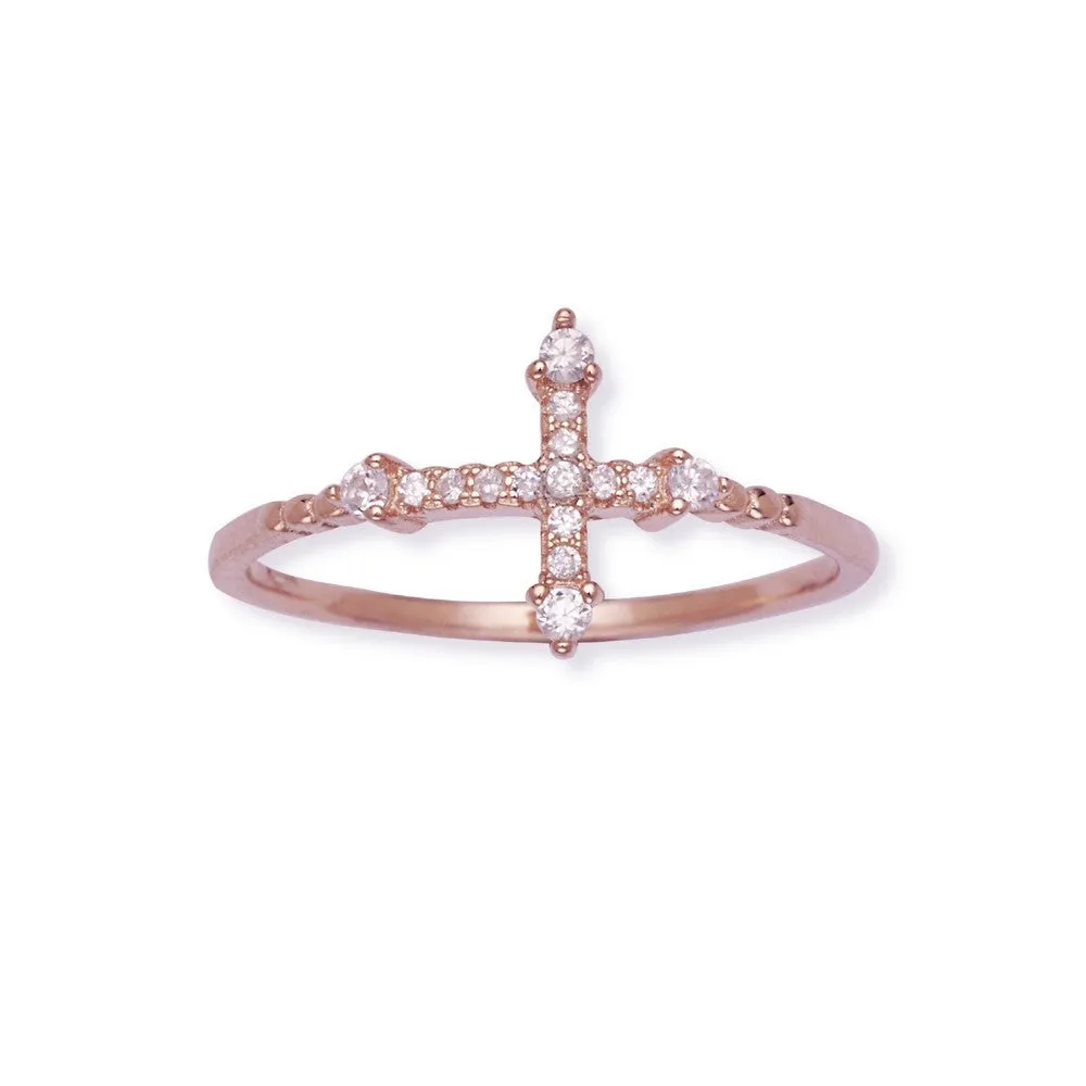 Sterling Silver Rose GP CZ Micro Pave Cross Ring - W-1293