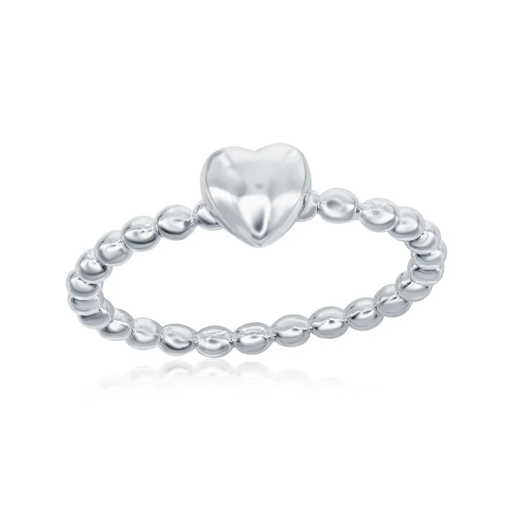 Sterling Silver Small Heart Beaded Band Ring - W-1970