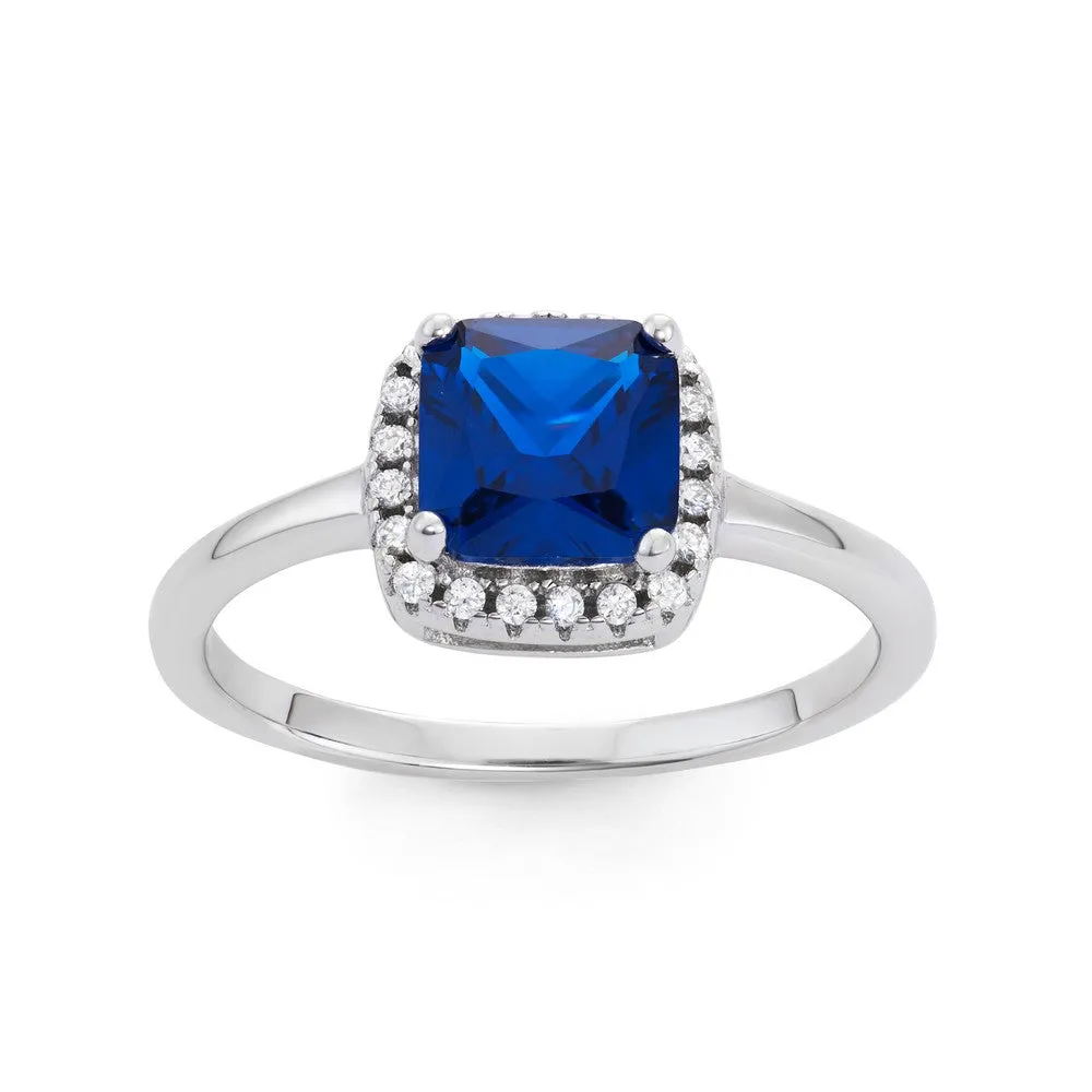 Sterling Silver Square Dark Blue CZ with Clear CZ Ring - W-1531