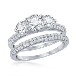 Sterling Silver Three-Stone Engagement Ring Set - W-2413