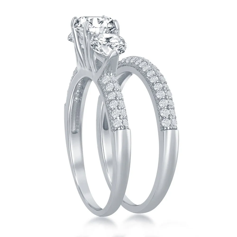 Sterling Silver Three-Stone Engagement Ring Set - W-2413