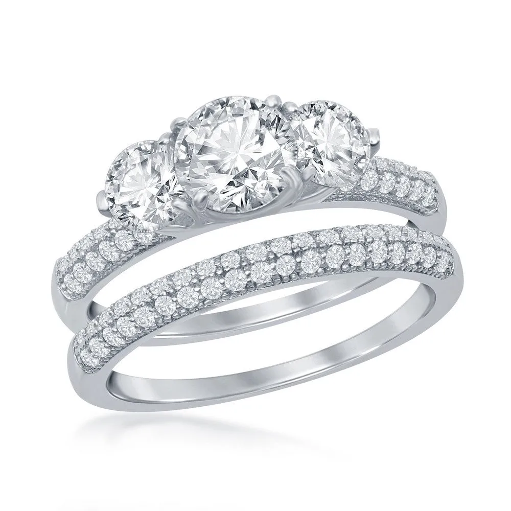 Sterling Silver Three-Stone Engagement Ring Set - W-2413