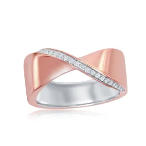 Sterling Silver Two-Tone Rose GP CZ Lining "X" Ring - W-2049