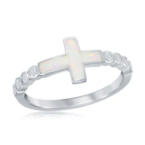 Sterling Silver White Inlay Opal Cross Half CZ Ring - W-2259