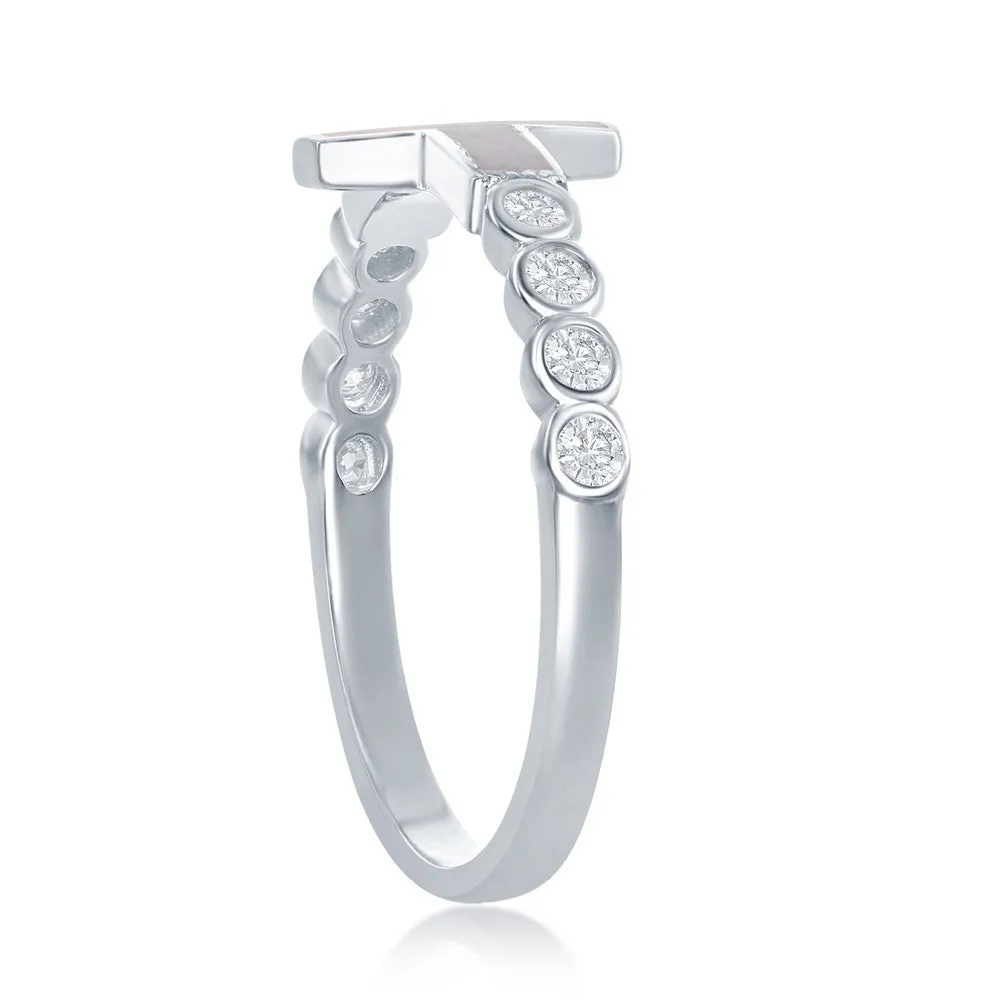 Sterling Silver White Inlay Opal Cross Half CZ Ring - W-2259
