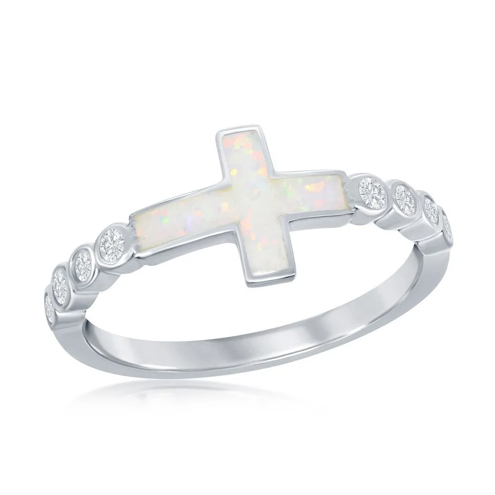 Sterling Silver White Inlay Opal Cross Half CZ Ring - W-2259