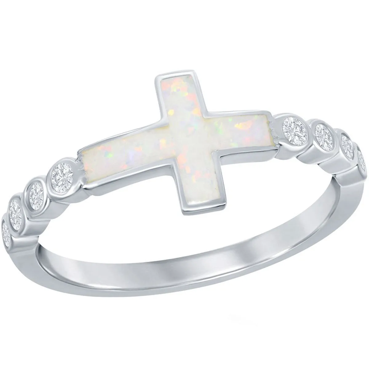 Sterling Silver White Inlay Opal Cross Half CZ Ring - W-2259