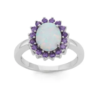 Sterling Silver White Opal Oval with Amethyst CZ Ring - W-1509