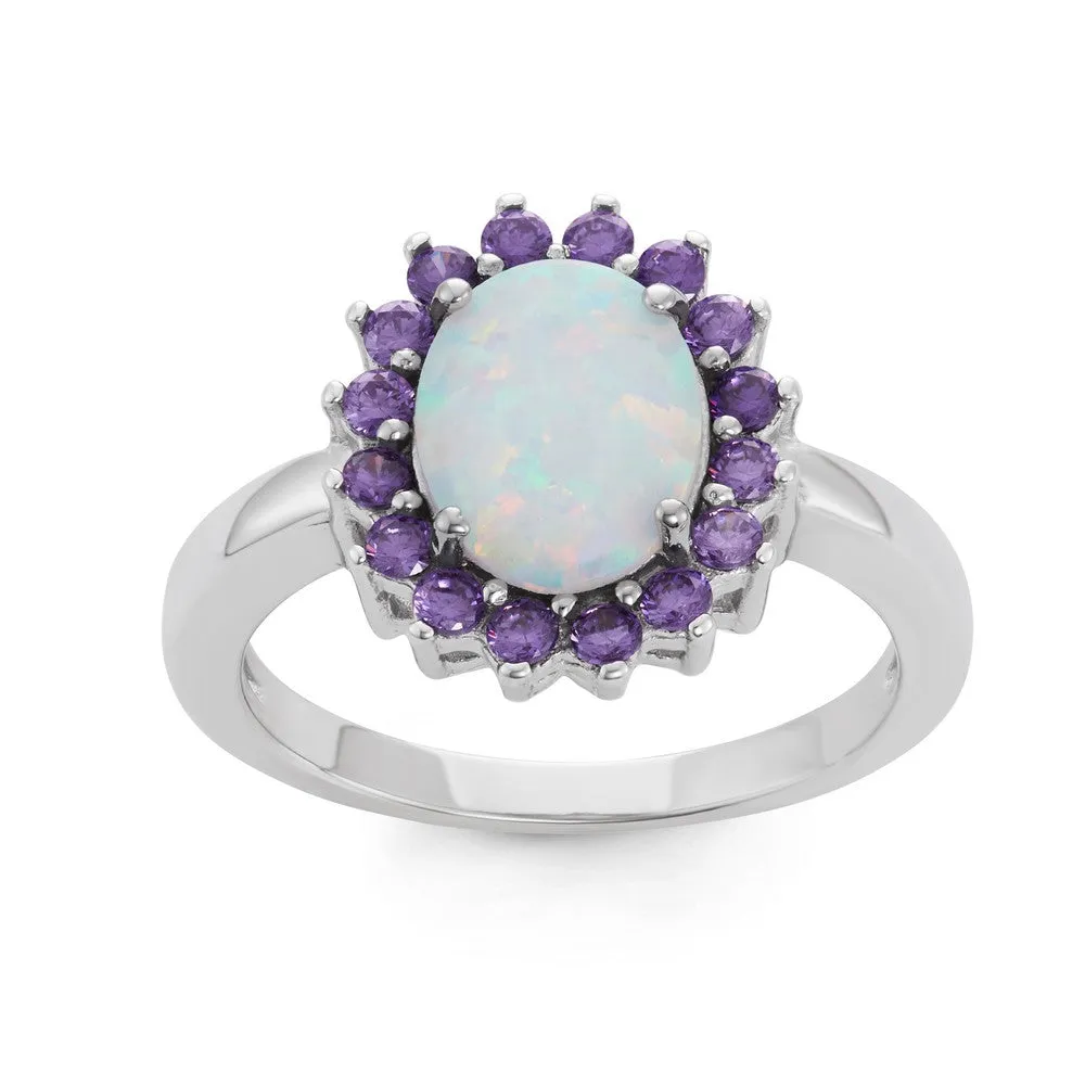 Sterling Silver White Opal Oval with Amethyst CZ Ring - W-1509