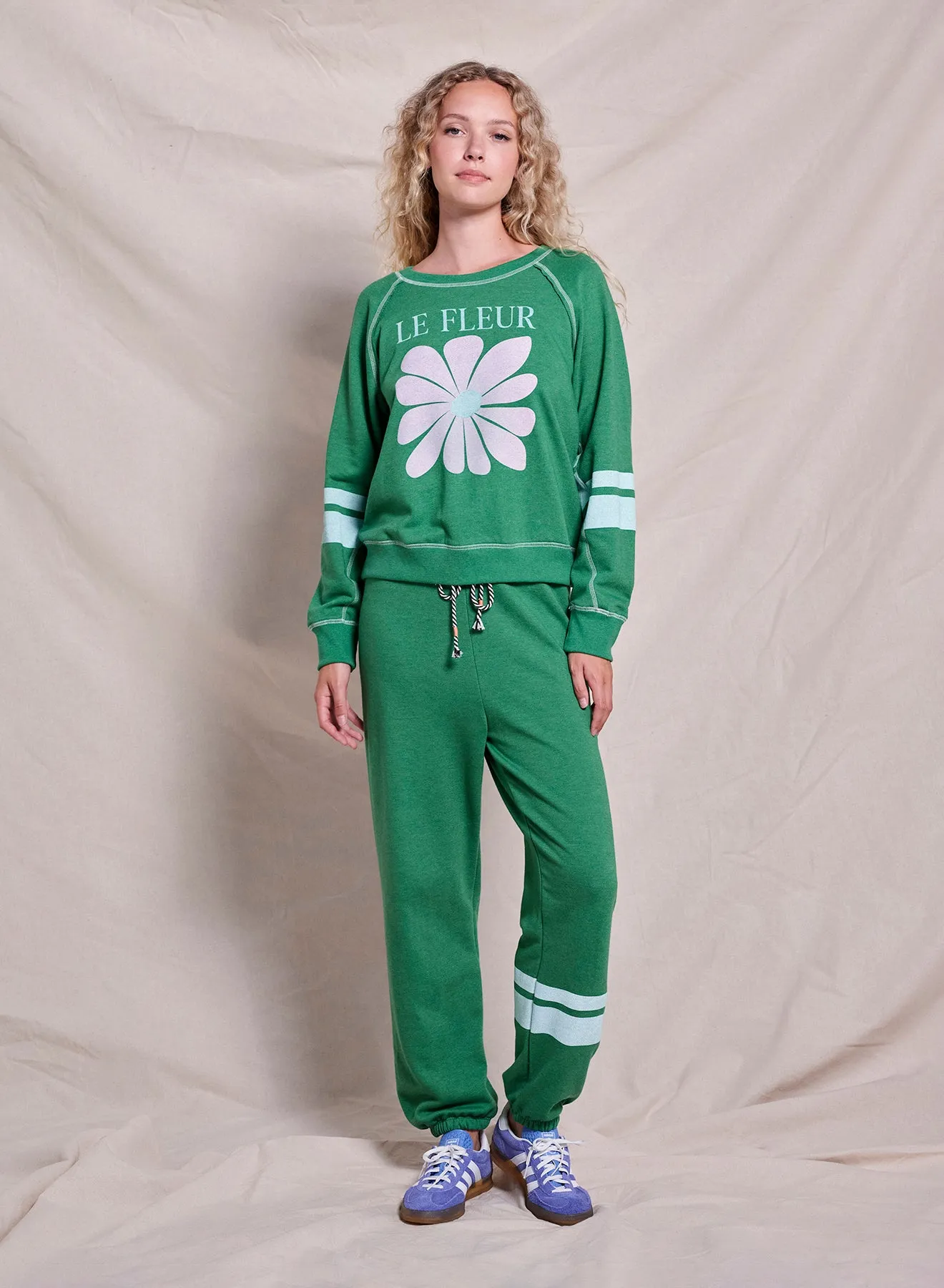 Sundry Le Fleur Raglan Sweatshirt & Basic Double Stripe Sweatpant in Green Garden