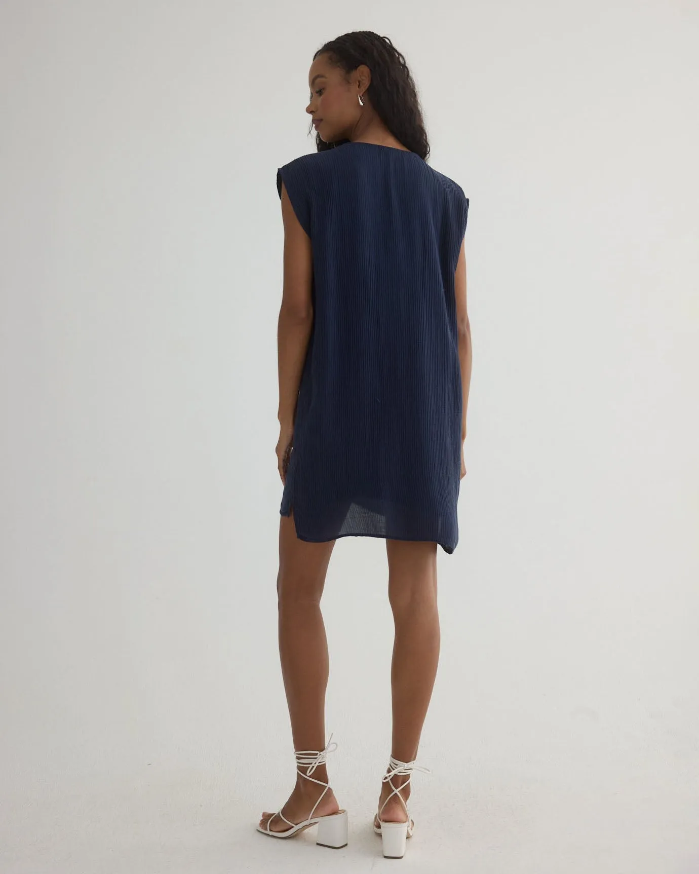 Tie Front V-Neck Mini Dress - Italian Navy