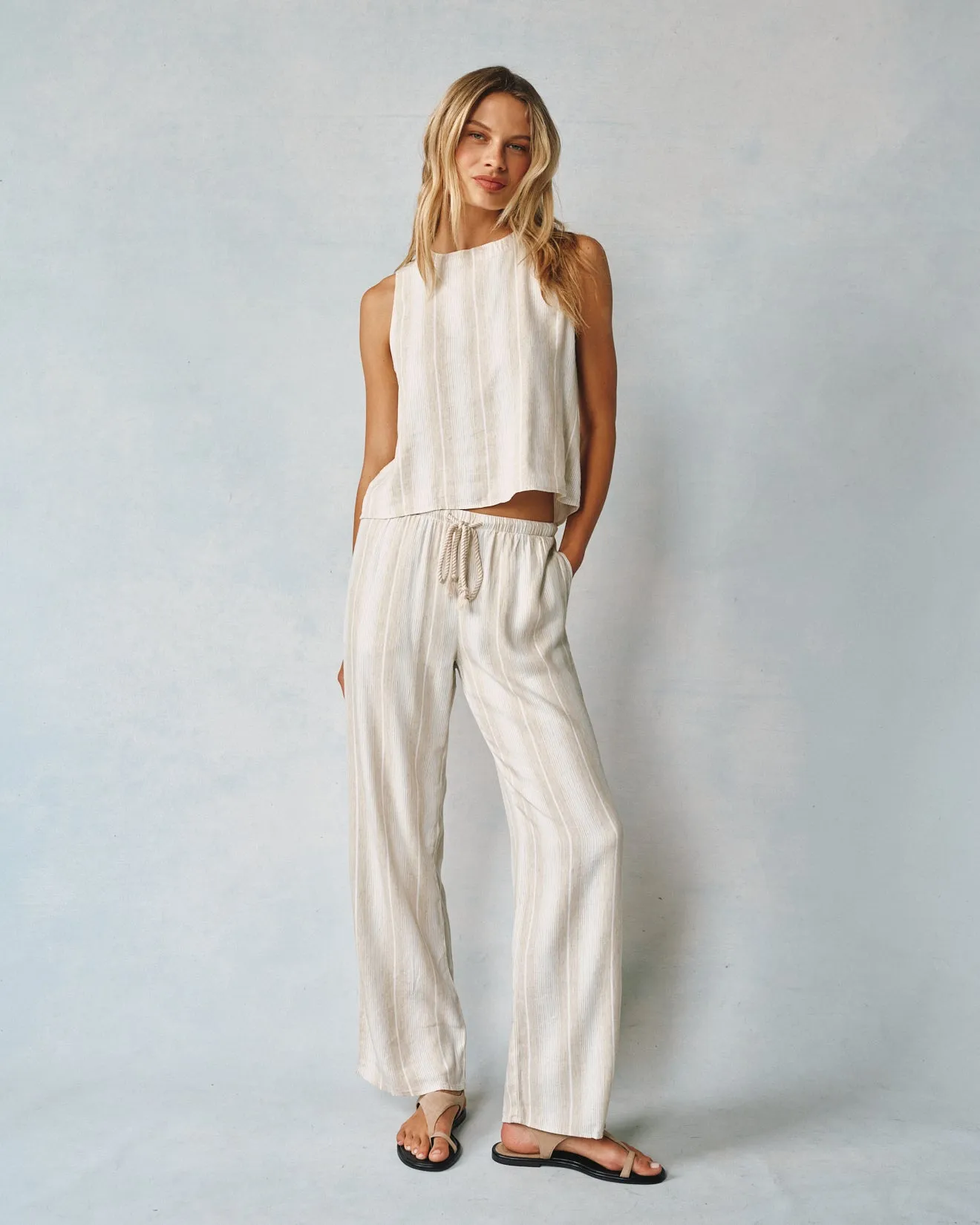 Wide Leg Pant With  Drawcord - Positano Sand Stripe