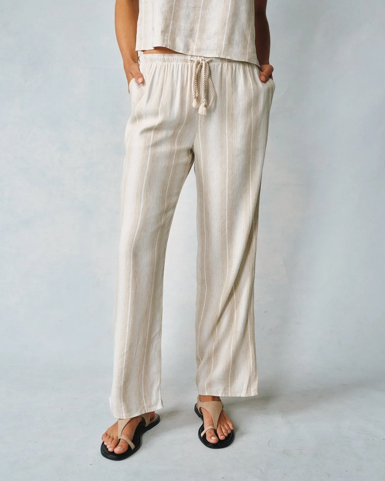 Wide Leg Pant With  Drawcord - Positano Sand Stripe
