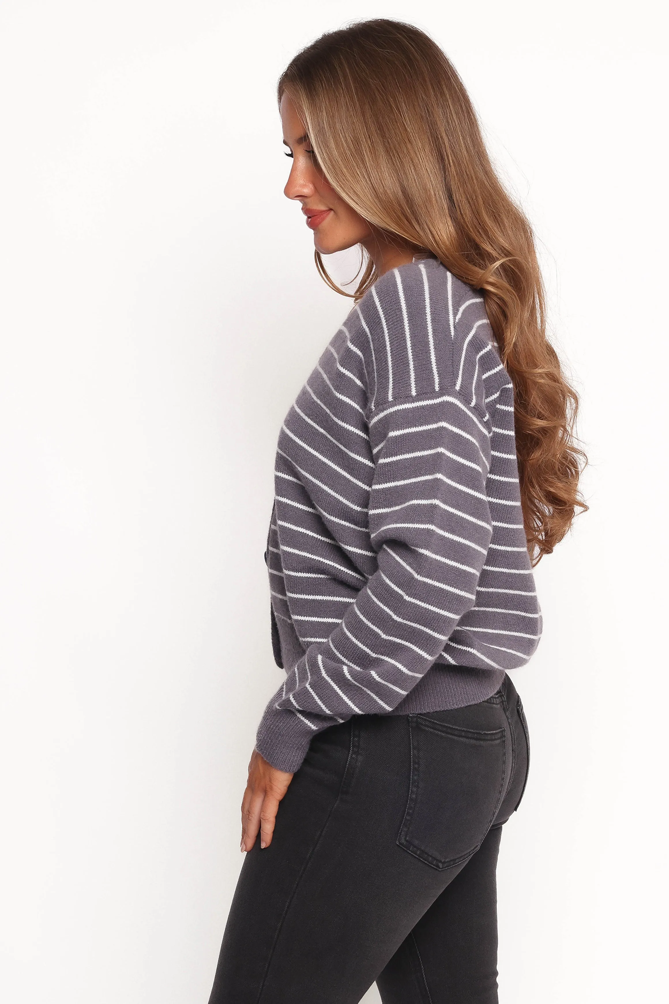 Zammy Lurex Strip Button Front Cardigan - Grey